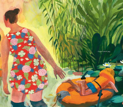 Illustration by Sara Lundberg. Two woman are standing in a lake talking and two kids are playing in the water. The colours are warm.