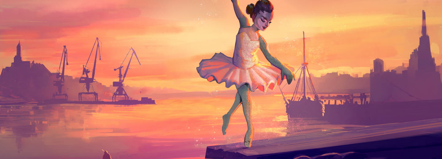 Ballerina dansar med hamn som bakgrund. Illustration.