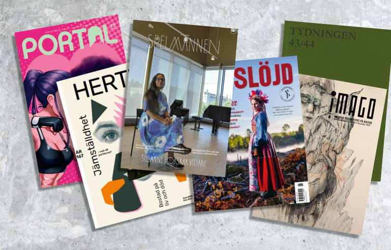 Omslag på tidskrifter som beviljats bidrag: Portal, Herta, Spelmannen, Hemslöjd, Imago och Tydningen.