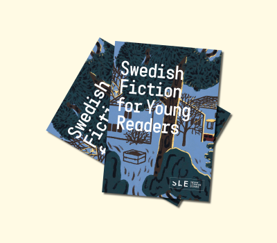 Publication cover, a drawing of a house with a tree in front of it. White text: Swedish Fiction for Young readers. 