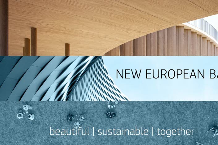 Collage med arkitektur, människor som sitter på gräs ovanifrån och texten New European Bauhaus.