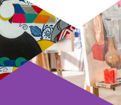 Montage med bland annat en ung kvinna som målar på vägg samt en vy från en atelje där det pågår målning vid staffli.