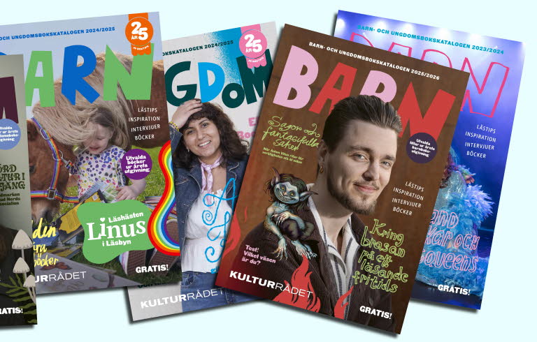 Collage av omslag till Barn– och ungdomsbokskatalogen. Montage.