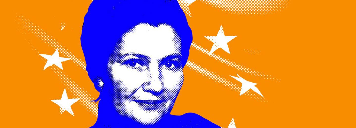 Simone Veil, blåtonat fotografi på orange bakgrund med EU:s stjärnor i vitt..