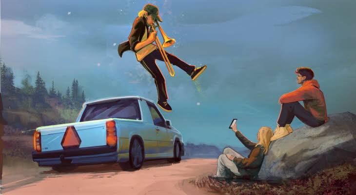 Pojke spelar trombon ovanför en EPA-traktor.