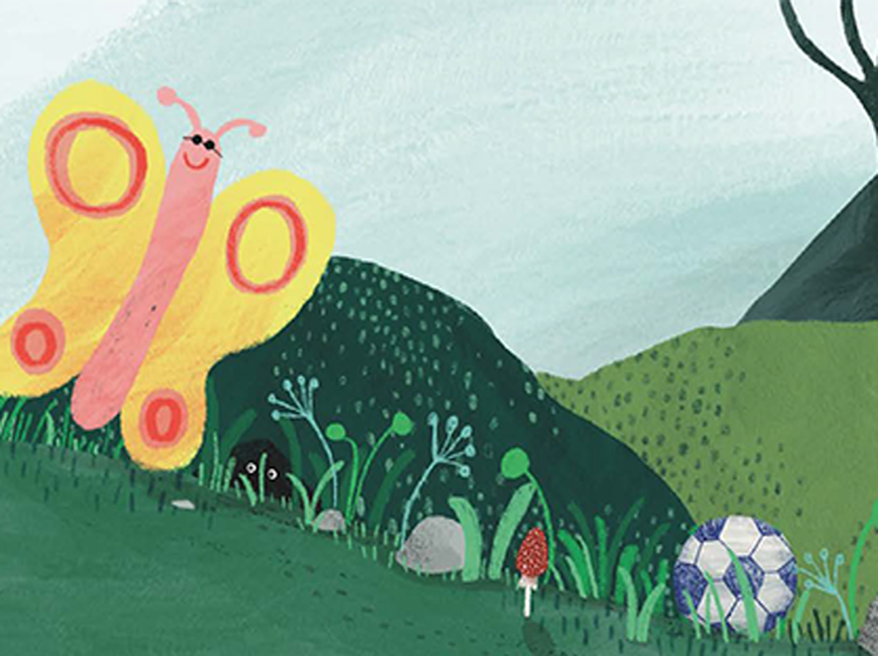 Cover, illustration picturing a butterfly and a green garden. 