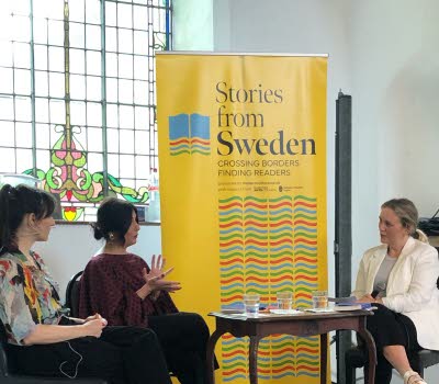 Balsam Karam and Saskia Vogel at West Cork Literary Festival 2025, they are sitting on stage talking.