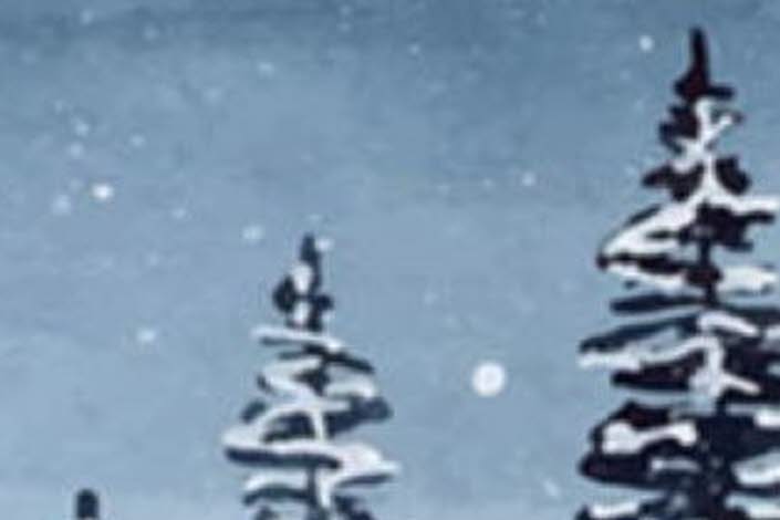 Illustrerade granar med snö på grenarna.