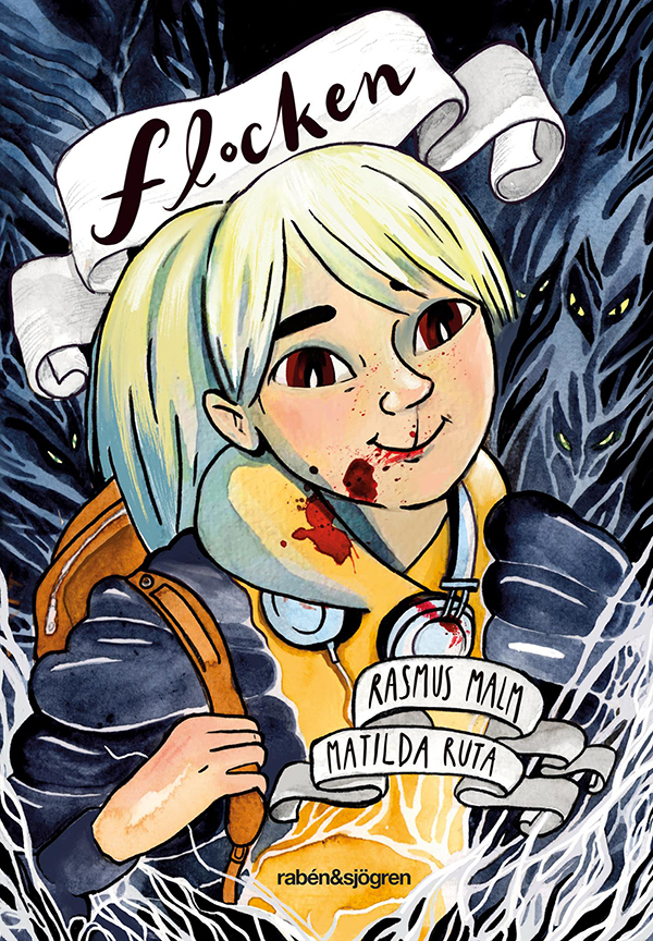 Book cover of "Flocken", it's a drawing of a happy girl bleeding nose blood.