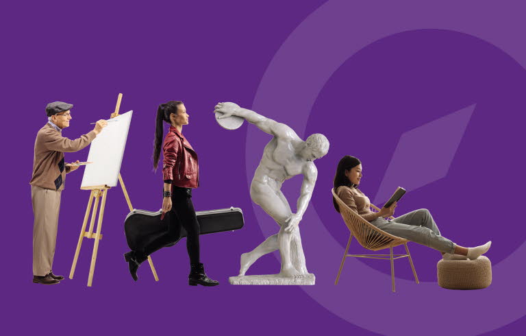 Omslagsbild med collage: en äldre man står och målar vid ett staffli, en kvinna går med en gitarr, foto av statyn Diskuskastaren, en kvinna sitter och läser.