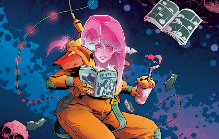 Tecknad kvinna som läser i rymden. Böcker flyger omkring.