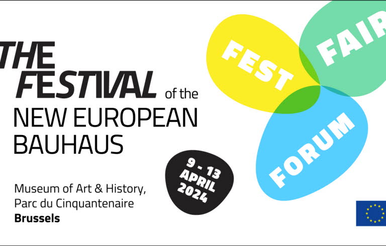 Affisch för festivalen. Text i gul, grön och blå bubbla där det står Fest, Fair och Forum..