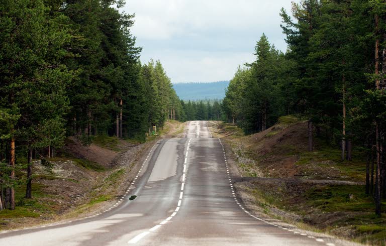 Landsväg i norra Sverige omgiven av skog.