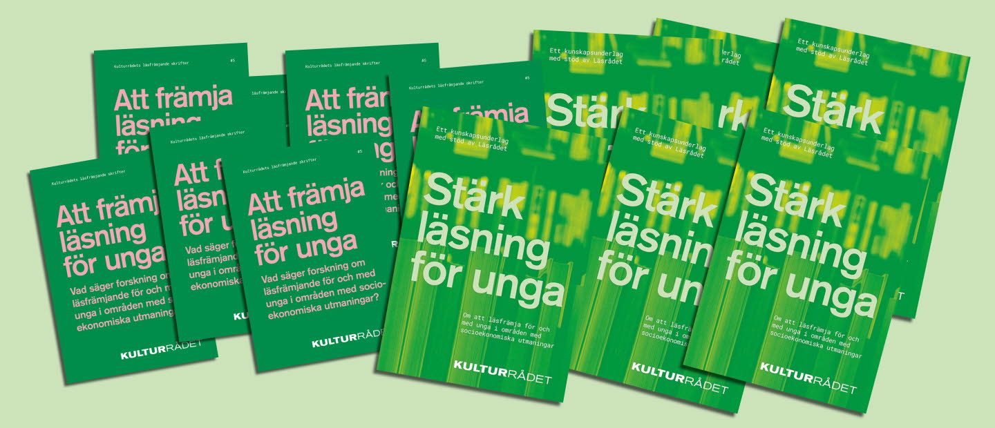 Omslag till rapportna Stärk läsning för unga samt Att främja barns och ungas läsning.