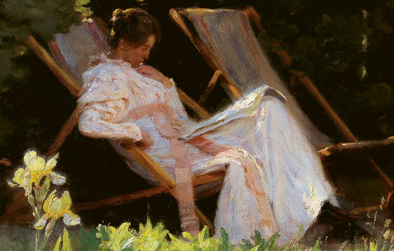 Book cover of "Konsterna". It's a painting of an women reading in a garden.
