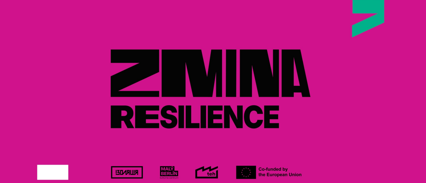 Svart text på ceriserosa bakgrund "Zmina resilence".