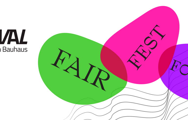 Affisch för New European Bauhaus-festivalen. Text med Fair, Fest, Forum i grönt, rosa och lila och loggor.