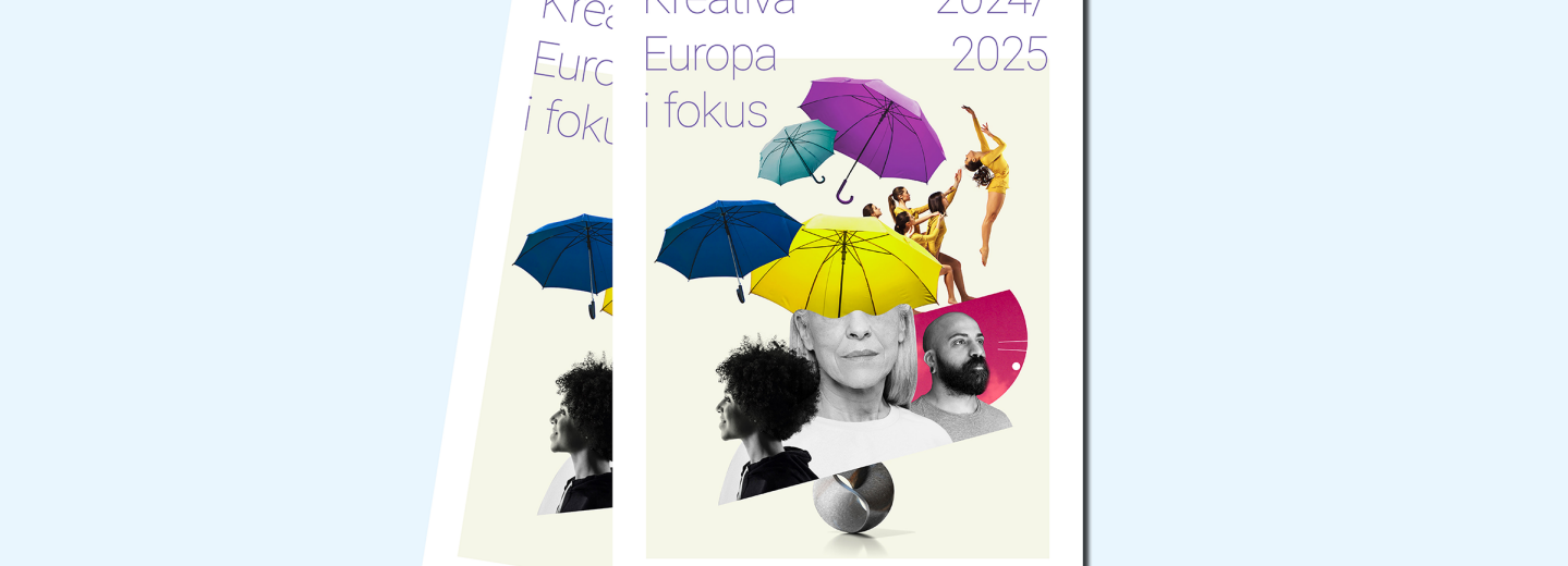 Omslag Kreativa Europa i fokus 2024/2025. Collage med färgglada paraplyer och människor.