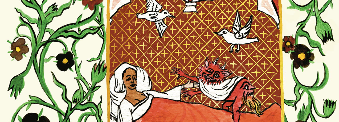 The book cover features an illustration inspired by the Middle Ages. It depicts a woman lying in bed with a red devil standing on the bedclothes and two white doves flying above her.