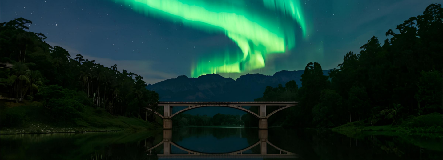Siluett av bro flankerad av träd, vatten och himmel med morgonrodnad. 