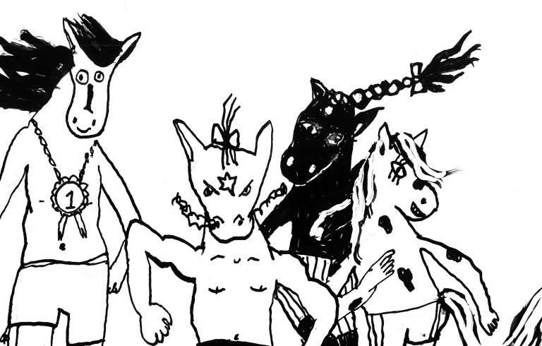 Running horses, illustration in black and white.
