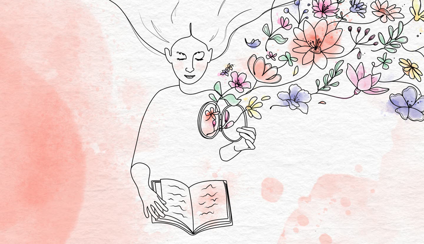 Illustration av läsande kvinna som öppnar en lucka i sitt hjärta. Väller ut blommor.