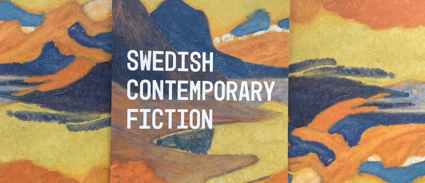 Cover, title of the publication on the abstract image "Stora Sjöfallet" by Helmer Osslund, flowing colours in orange, yellow and blue.