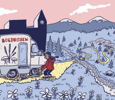 Illustration av en bokbuss i ett bergslandskap.
