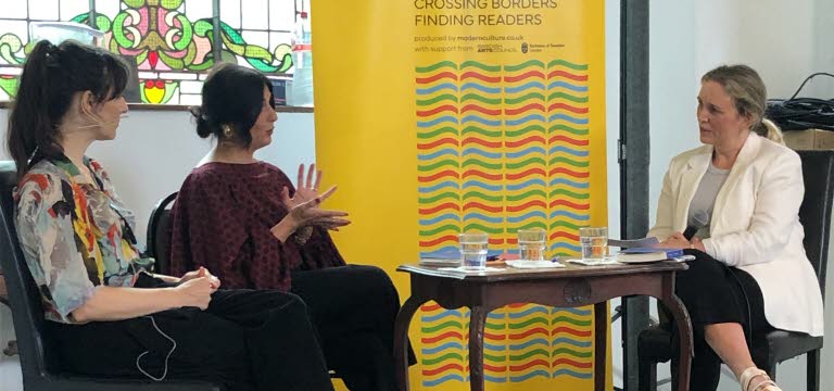 Balsam Karam and Saskia Vogel at West Cork Literary Festival 2025, they are sitting on stage talking.