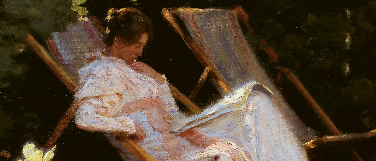 Book cover of "Konsterna". It's a painting of an women reading in a garden.
