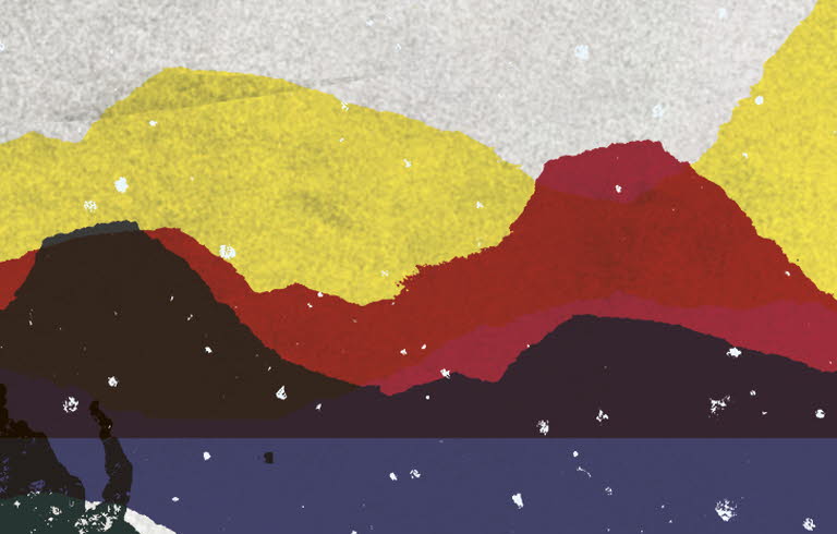 Book cover, Folk som sår i snö, a graphical landscape portraying northern Sweden, in Sápmi colours. 