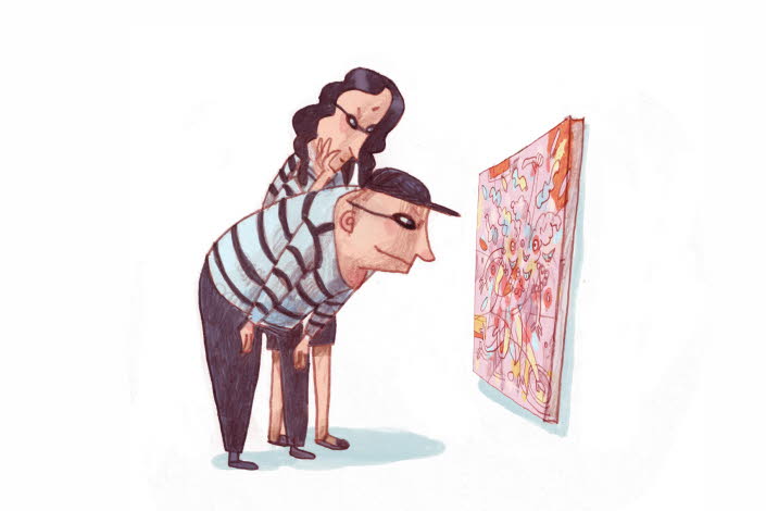From picture book, two thiefs are looking at a painting.