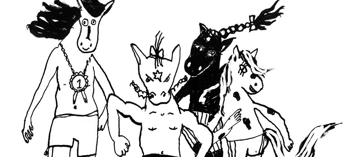 Running horses, illustration in black and white.
