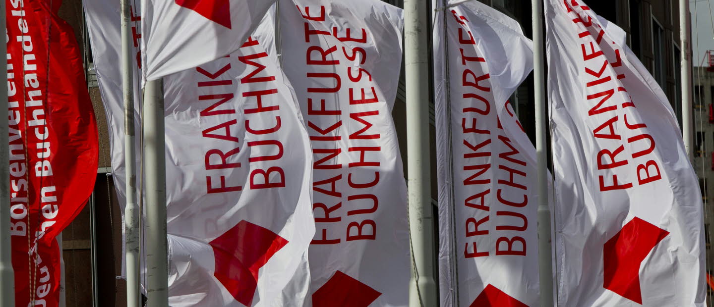 White flags with red text, Frankfurter Buchmesse.