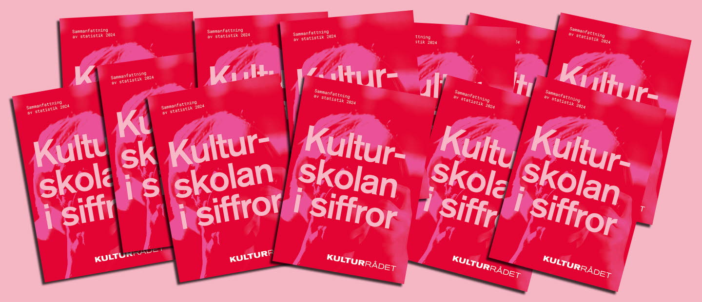 Kollage med upprepat motiv i form av rapportomslag i rött och rosa. 