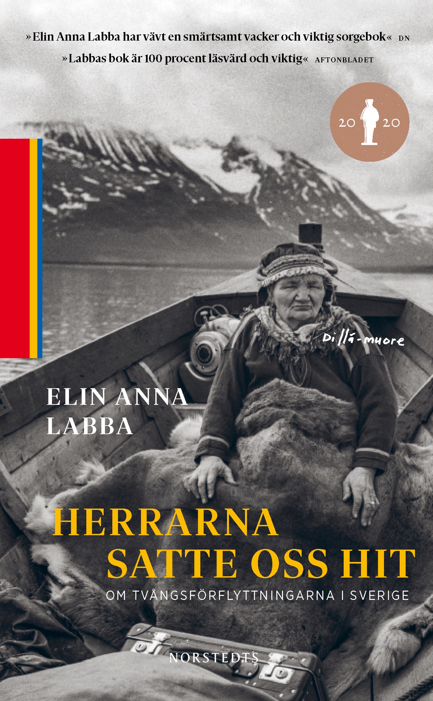 Book cover. The title in yellow text, snowy mountains and an old woman sitting in a boat. 