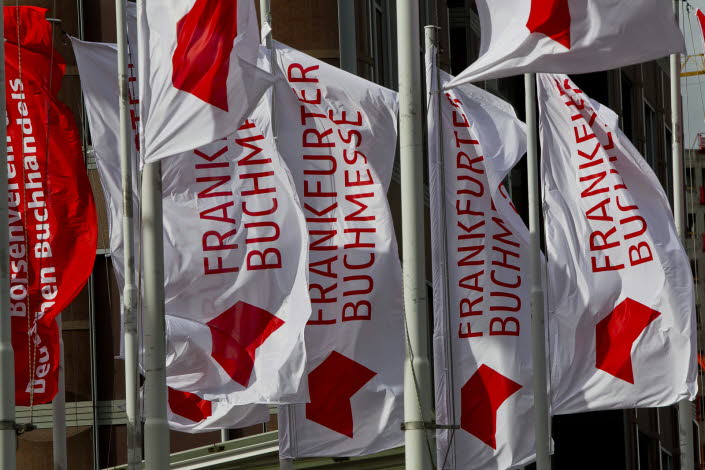 White flags with red text, Frankfurter Buchmesse.