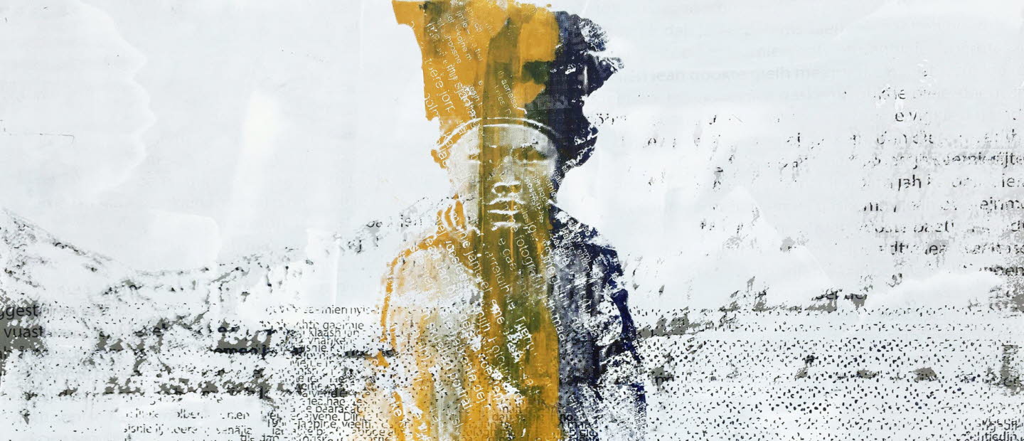 Oljemålning på aluminium. En samisk pojke med ett kargt landskap i bakgrunden. Svart färg på vit bakgrund med undantag för gul färgöverstrykning över pojken.