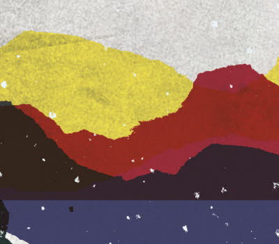 Book cover, Folk som sår i snö, a graphical landscape portraying northern Sweden, in Sápmi colours. 