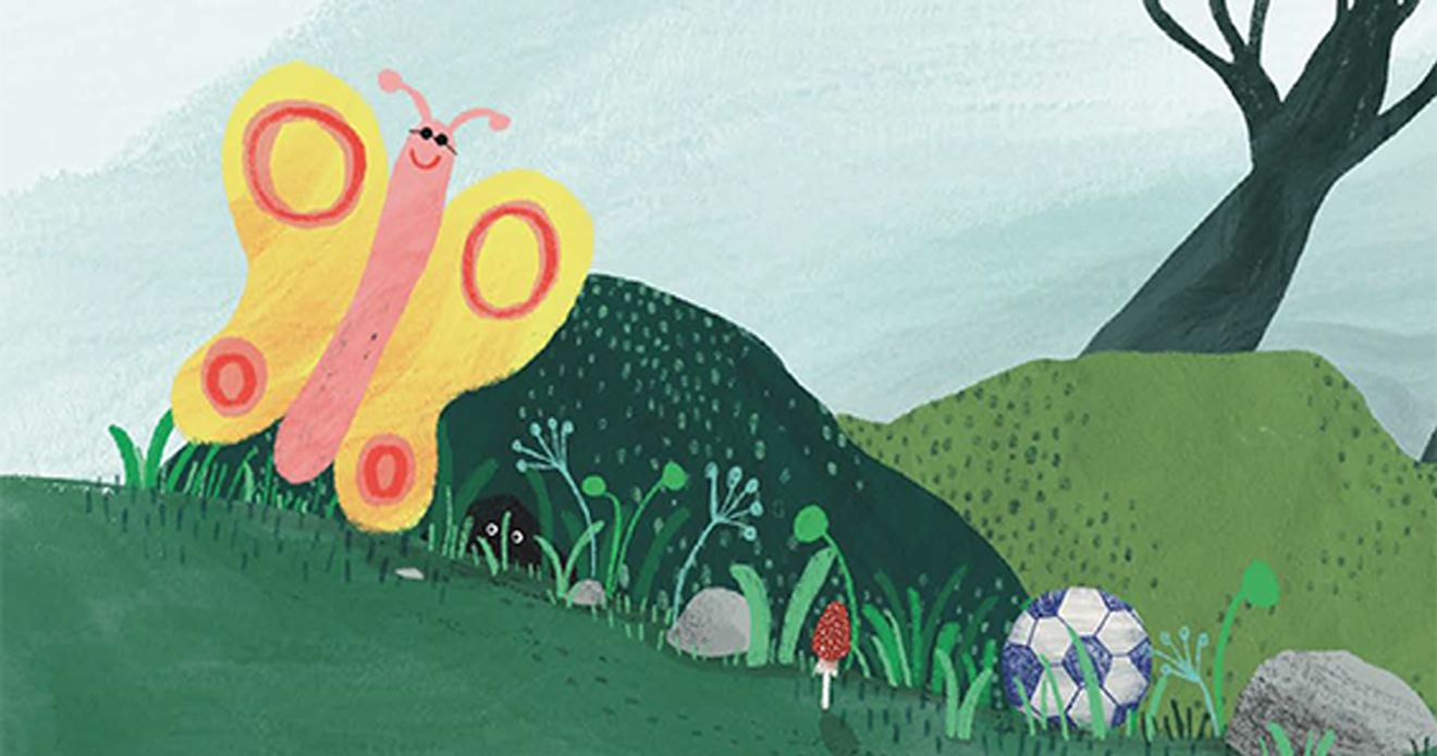 Cover, illustration picturing a butterfly and a green garden. 
