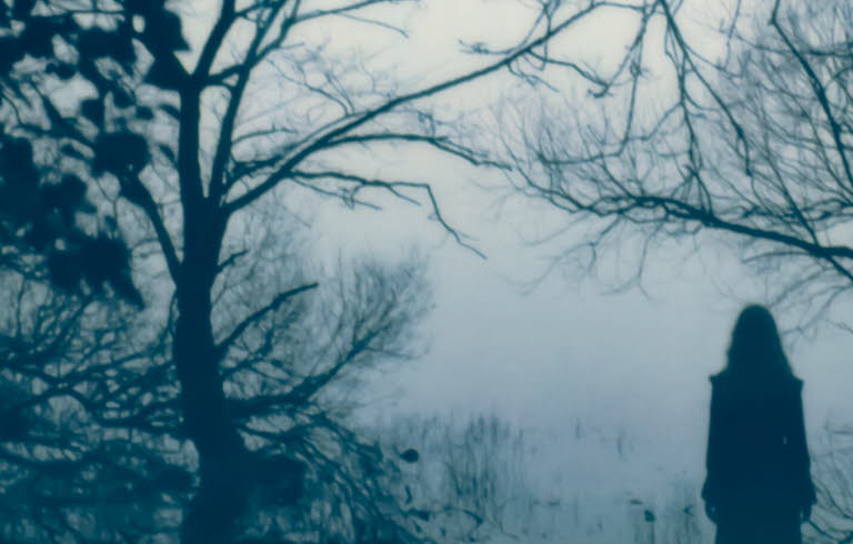 Konstfoto: mörka trädstammar och grenar, mörk siluett av person, grå himmel i bakgrunden.strid Kruse Jensen – The Landscape of Memory.