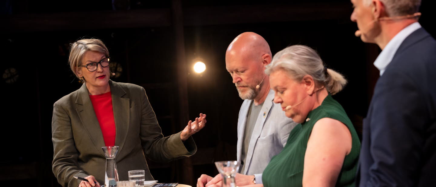 Fyra personer i samtal på en scen.