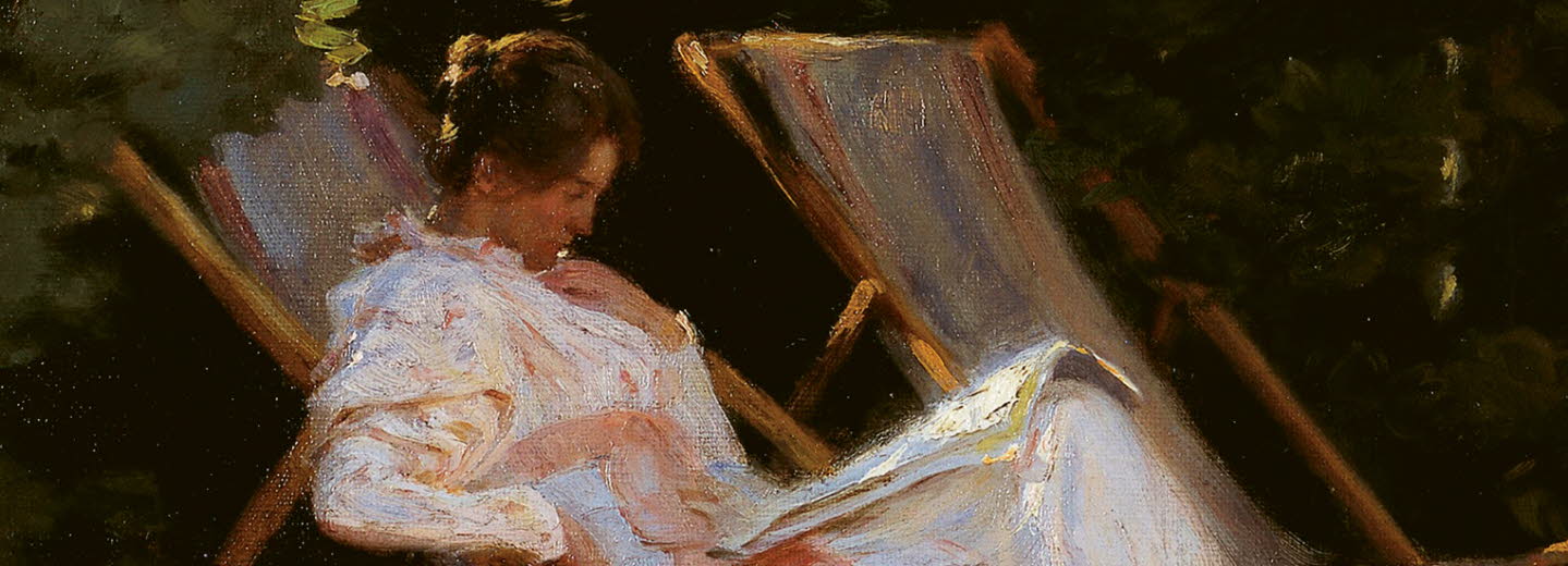 Book cover of "Konsterna". It's a painting of an women reading in a garden.
