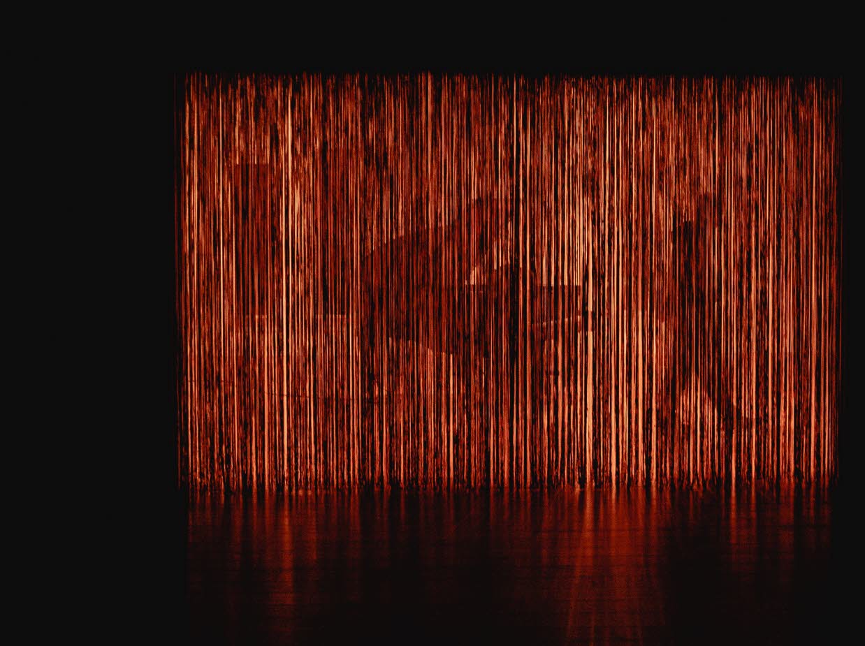 Silhuetten av en flygel och en gående person skymtar bakom ett upplyst tyg.