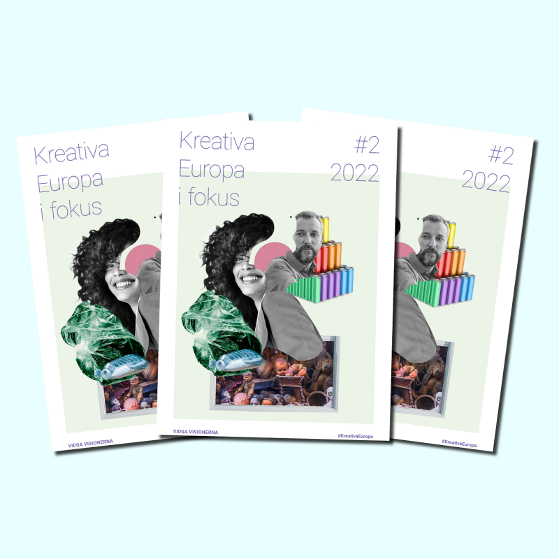 Omslag med texten Kreativa Europa i fokus #2 2022. På omslaget syns ett collage med en utklippt kvinna och en man, runt dem finns skräp som burkar, en docka och en plastpåse.