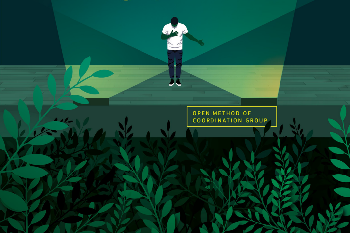 Grönt omslag med rubrik i vitt och gult, illustrerade löv i förgrunden.