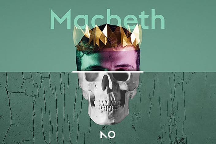 Texten Macbeth och närbild av ett till hälften manshuvud med krona och till hälften kranium.  