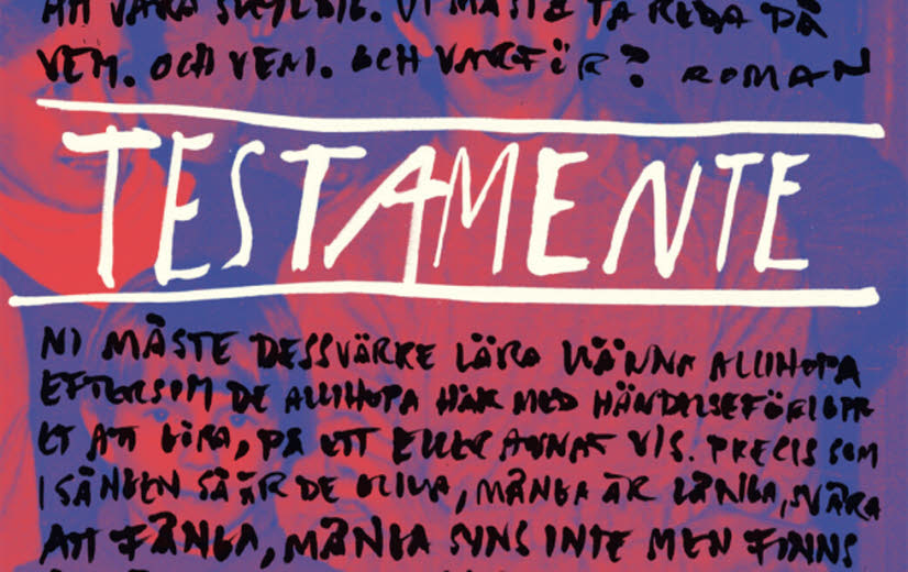 Book cover of "Testamente", it's a purple background with a lot of small text in black written all over the cover.. 