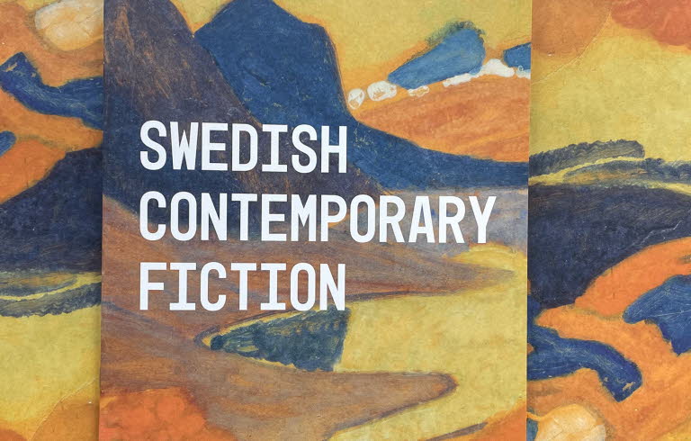 Cover, title of the publication on the abstract image "Stora Sjöfallet" by Helmer Osslund, flowing colours in orange, yellow and blue.