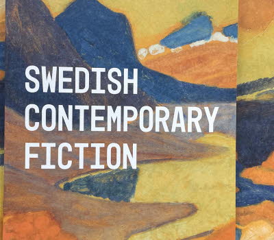 Cover, title of the publication on the abstract image "Stora Sjöfallet" by Helmer Osslund, flowing colours in orange, yellow and blue.